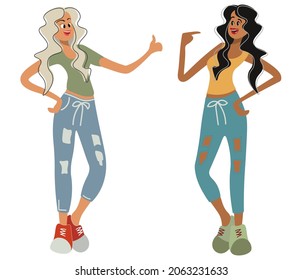 Two young girls cheerfully chat, laugh, exchange news. An African American woman shows braces on her teeth. A blonde compliments her. Friends spend time together. Vector isolated characters. A meeting