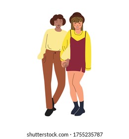 Two young girls in clothes. Friendship and smiling. Vector illustration