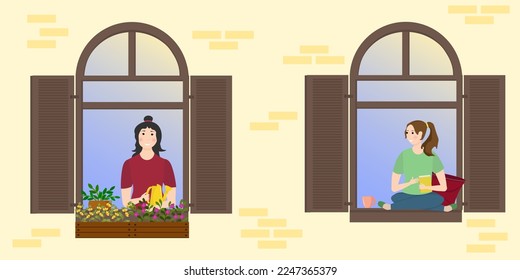 Two young girls communicate in open windows. Neighbors greet each other. Facade of the house. The concept of good neighborliness, the unity of people, mutual assistance and support. Colored vector