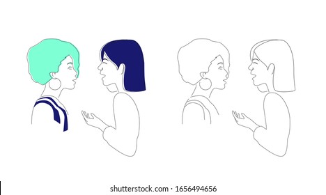 Two young girls of different nationalities are talking and smiling. Girlfriends have a great time together. Image made by lines. Isolated vector lineart illustration on white background. 10EPS