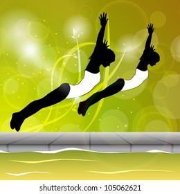 Two young girls doing wonderful synchronized swimming in pool with abstract floral design in water background,EPS 10.