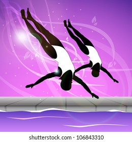 Two young girls doing wonderful synchronized swimming in pool with abstract shiny design in water background,EPS 10.