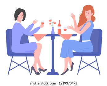 Two young girls drink wine in a restaurant. Friends talk, spend time together, celebrate an event. Meeting in the evening, girls business, couple of laughter. Vector illustration on white background.