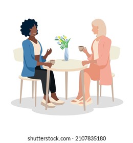 Two young girls are drinking coffee in a cafe and talking. Isolated vector illustration in flat style for advertising, card or media.