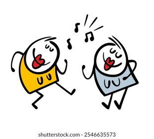 Two young girls are enjoying a modern dance. Vector illustration of a woman with big red lips relaxing to music. Isolated female cartoon characters on white background.