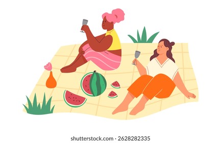 Two young girls, friends holidaying in nature. Summer picnic concept