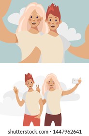 Two young girls friends taking a photo with a smartphone. Taking a selfie. Friendship concept. Vector illustration in flat cartoon style.