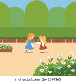 Two Young Girls Holding Hands in a Garden