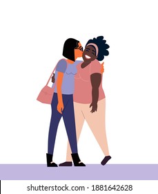 two young girls hug and rejoice at the meeting. light-skinned woman kissing dark-skinned woman. friendship. love. Valentine's Day. vector illustration isolated on white background