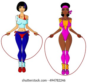 Two young girls jumping rope.