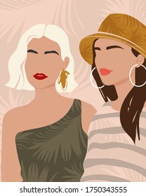 Two young girls in modern summer casual clothes. Palm branches on the background. Vector illustration. flat style