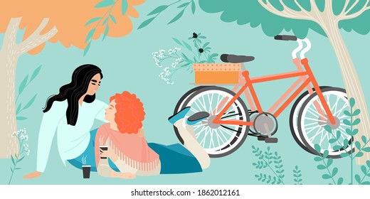 Dos niñas en un picnic en el parque. Una pareja dulce de lgbt tomando café y relajándose. Ilustración vectorial en estilo plano