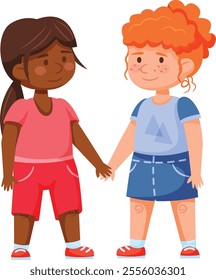 Two young girls, one african american and one caucasian with red hair and freckles, stand side by side holding hands, smiling and demonstrating interracial friendship and unity