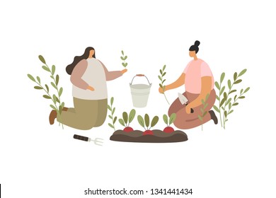 Two young girls planting seedlings on the beds. People working in the garden. Rural scene of peasant labor. Ecotourism. Trendy flat vector illustration.