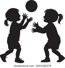 Two young girls playing catch silhouette with a ball illustrating friendship and childhood joy