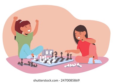 Two Young Girls Playing Chess. One Girl Joyfully Raises Her Arms In Victory, While The Other Appears Disappointed But Calm. Friendly Competitive Moment, Learning, Strategy And Fun In Childhood Games