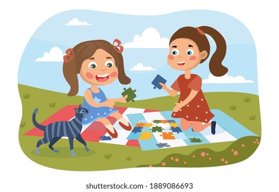 Two young girls playing with a jigsaw puzzle outdoors on a rug on the grass watched by their pet cat, colored vector illustration