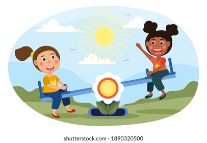 Two young girls playing on a see-saw outdoors in a playground on a sunny summer day, colored vector illustration