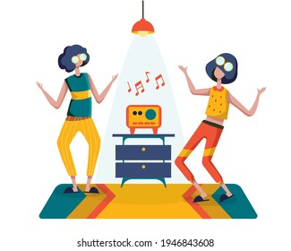 Dos niñas practicaron el baile en la escuela escuchando música en la radio. diseño plano de ilustración vectorial
