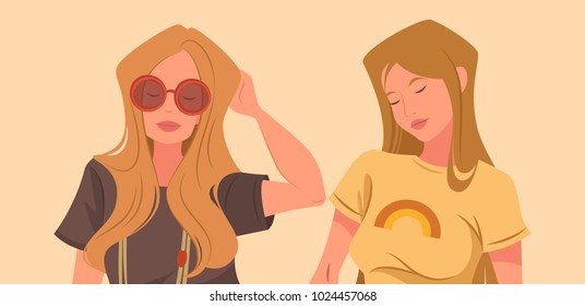 Two young girls. Retro style. 70s vibes. Vector cartoon illustration. Character design.