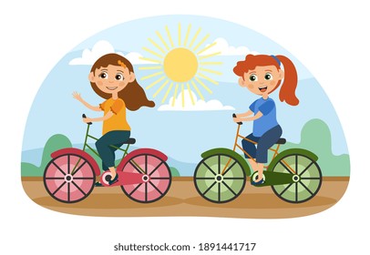 Two young girls riding bicycles together in the park on a sunny summer day in an active lifestyle concept, colored cartoon vector illustration