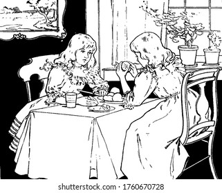 Dos muchachas sentadas en la mesa de comedor y comiendo. De las dos, una ha puesto una manzana en sus manos y hablando con la otra, dibujo vintage o ilustración grabadora.