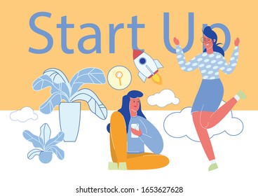 Two Young Girls Starting Business Project. Women Cartoon Characters Cheerful to Start Up or Launch Company, Commercial Enterprise, Online Store. Business Success and Growth. Flat Vector Illustration.