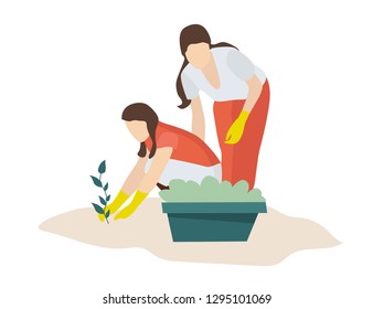 Two young girls take care and plant the plants in the garden. A gardener or farmer grows crops in greenhouses. Cartoon style flat illustration.