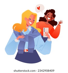 Two young girls taking selfies. Taking pictures with their phones. Smiling, posing and waving their hands. Cute vector illustration, flat cartoon style. Friendship concept 