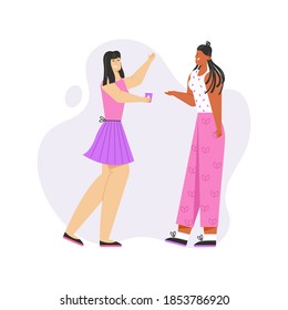 Two young girls talking, drinking coffee and smiling. Women communicate animatedly. Business meeting for office colleagues at coffee break. Friends spends time together. Vector character illustration