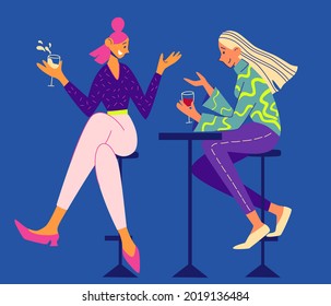 Two young girls talking and drinking in a cafe. Two Smiling Girls Sitting in Armchairs and Chatting. Female friendship. Meeting. Spending Time Together. Vector flat illustration.