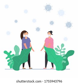 Two young girls talking to each other and wearing protective medical mask to against covid-19. Concept of corona virus, health care, and medical concept.