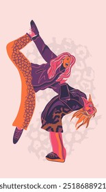 Two young girls in a very cheerful mood cheering one on one. Strong friendship, women's issues, support, feminism, sisterly love. Strength in unity. Vector illustration