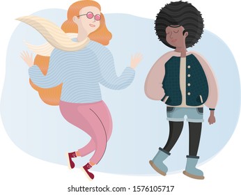Two young girls, women. Red-haired fashionable girl with glasses, with beautiful hair. American girl with an afro, cheerful and self-confident. Strong and fashionable girls