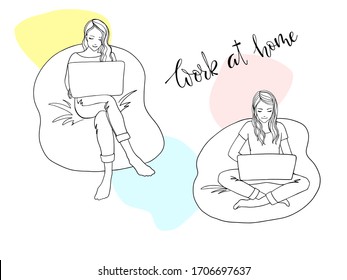 Two young girls working at home because of quarantine. Sketch style. Line art. Girl sitting on a sofa with a laptop. Freelancer works from home. Lock down. Remote work. Everyone should stay home