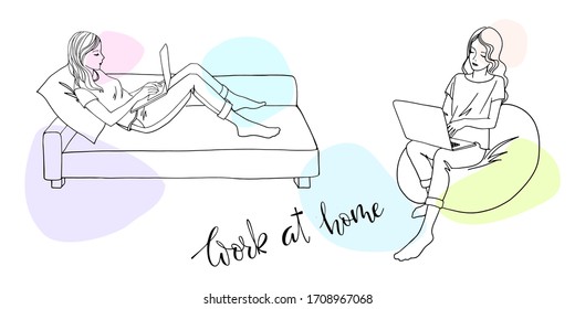 Two young girls working at home because of quarantine. Sketch style. Line art. Girl sitting on a sofa with a laptop. Freelancer works from home. Lock down. Remote work. Everyone should stay home