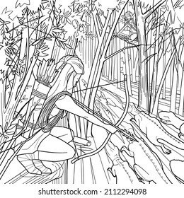 Two young girls-archers are sitting on trees in the forest hunting a herd of tyrannosaurs. Prehistoric world of dinosaurs. Vector line graphics for coloring books