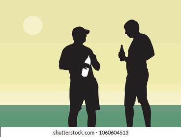 Two young guys drink a drink from a bottle. Black silhouettes of two men on the background of the sea sunset.