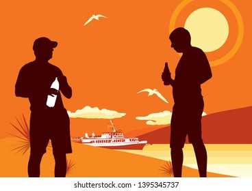 Two young guys drink a drink from a bottle. Black silhouettes of two men on the background of the sea sunset.  orange
