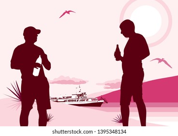 Two young guys drink a drink from a bottle. Black silhouettes of two men on the background of the sea sunset.  maroon