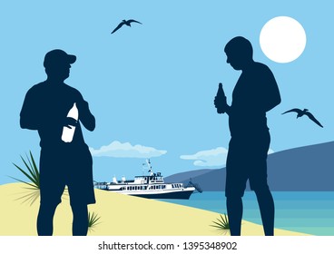 Two young guys drink a drink from a bottle. Black silhouettes of two men on the background of the sea sunset. 