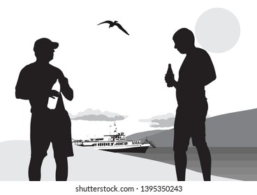 Two young guys drink a drink from a bottle. Black silhouettes of two men on the background of the sea sunset.  black-white