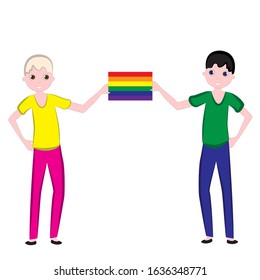 Two young guys holding a rainbow flag symbol of LGBT.