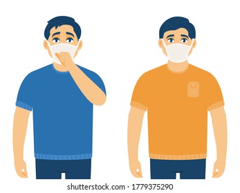 Dos jóvenes con máscaras médicas protectoras. Una persona sana y enferma. Ilustración vectorial en un estilo plano