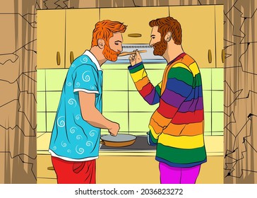 Two young handsome gay couple cook at home in the kitchen. Cooking breakfast. Home activism, cooking, recipes, staying at home in a good mood. Vector illustration.