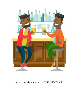 Two young happy african-american men drinking beer at the bar counter and clinking glasses. Cheerful friends relaxing with beer in the pub. Vector cartoon illustration isolated on white background.