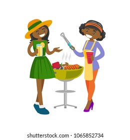 Two young happy african-american women cooking vegetables on the barbecue grill and drinking alcohol at vegetarian outdoor barbecue party. Vector cartoon illustration isolated on white background.