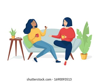 Two young happy cheerful women are sitting on the couch and laughing. Girlfriends drink tea with cookies. A same-sex family spends time together.Two sisters are talking and smiling.Vector illustration