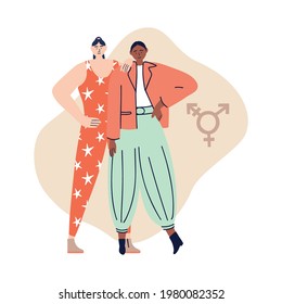 Two Young Happy Fashion Androgynous People Standing Near. Afro-american And European Appearance. Gender Neutrality, Genderqueer. Vector Hand Drawn Flat Illustration 