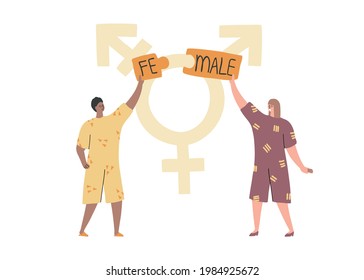 Two young happy multiraced people in gender neutral clothes collect puzzle with a word Female. Gender neutrality,  identity, transgender, genderqueer. Vector hand drawn flat illustration